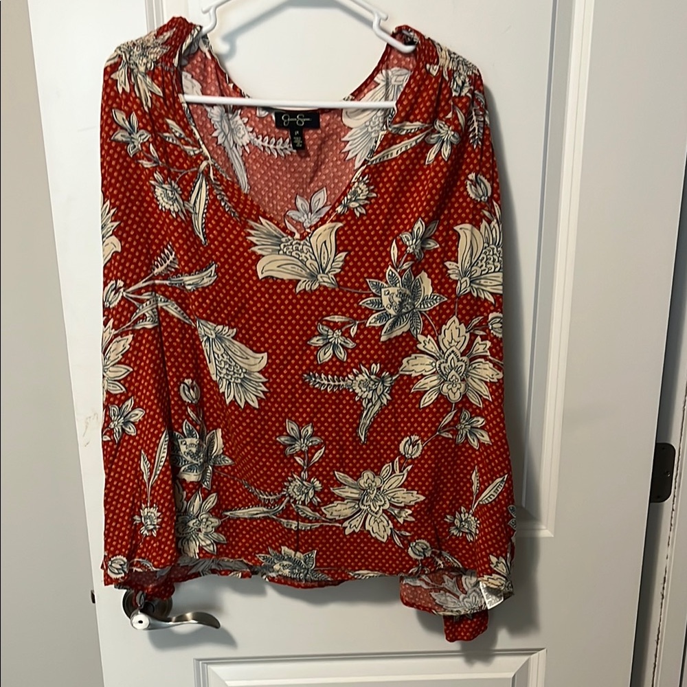 Jessica Simpson Red Orange Graphic 3/4 Sleeve Blouse
